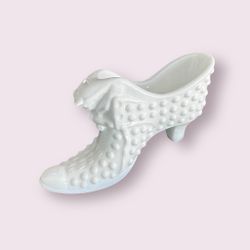 Vintage Fenton Victorian Kitten Slipper Shoe Cat Head Hobnail White Milk Glass