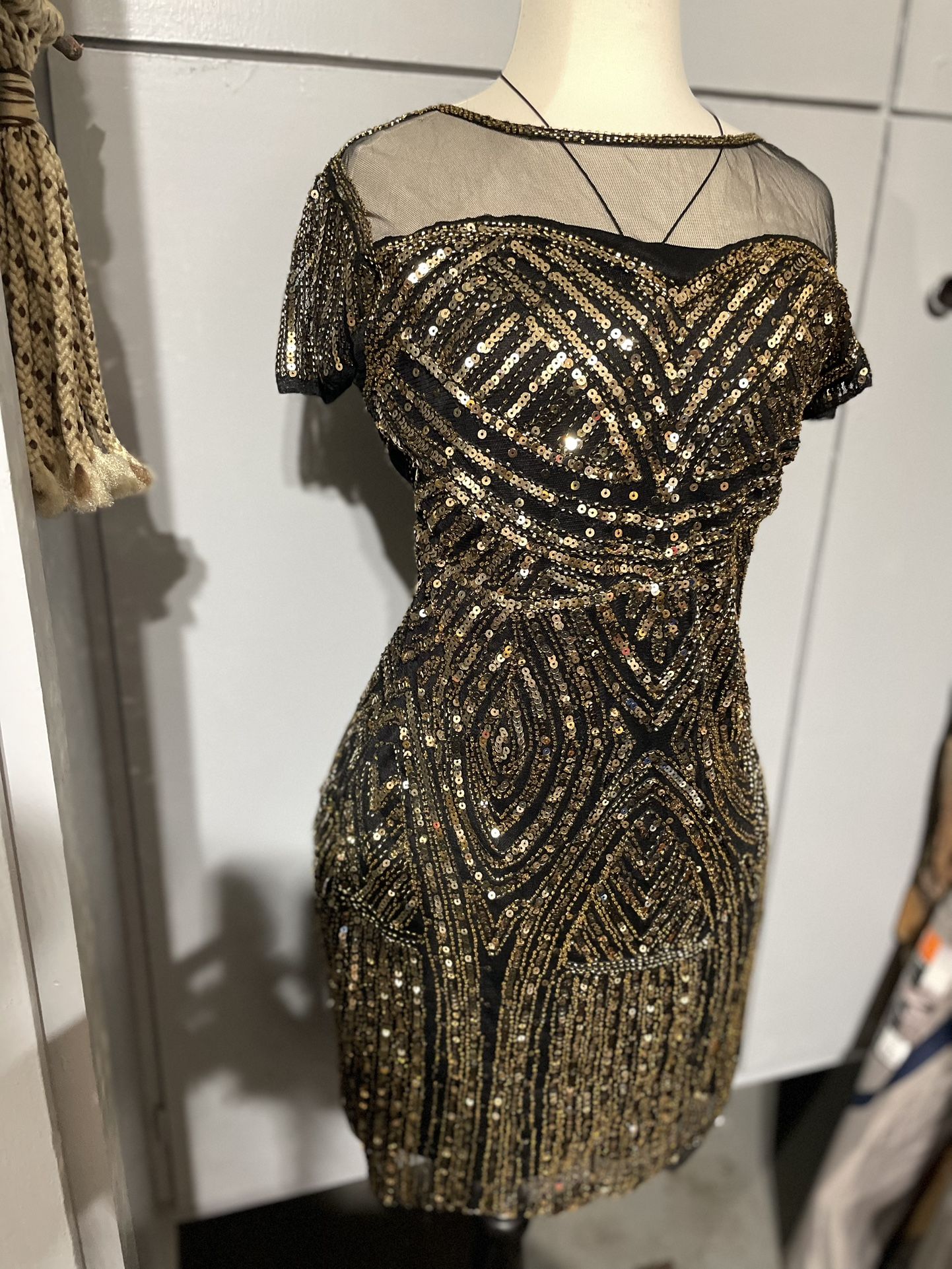 New Pretty Guide dress Dazzling Art Deco Wedding Gown Golden Beaded Sequin Dress 👗 Size Med