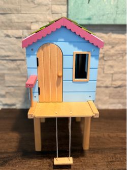 Wooden Doll Treehouse Fort Playset - Trap Door, Rope Ladder, Swing, Opening Side