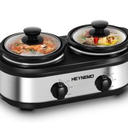 Double Slow Cooker, Buffet Servers and Warmers, Dual 2 Pot Slow Cooker Food Warmer, Adjustable Temp Dishwasher Safe Removable Ceramic Pot Glass Lid, 2