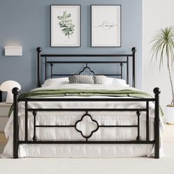 14 Inch Queen Size Metal Platform Bed Frame, Vintage Victorian Style, Wrought Iron Headboard and Footboard/Mattress Foundation for Storage/No Box Spri