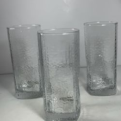 Set of (7) Vintage Libbey Crisa Clear Dimpled,  Pinched Grip Glass Tumblers. High Ball. Squared base. Thick & heavy glass. Made In USA. Set of (3) 18o