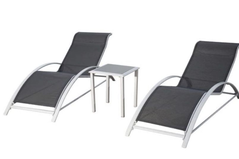 PatioPost Chaise Lounge Outdoor Patio Poolside Textilene Chair 3 Pc Set w/Side Table, Grey 62001