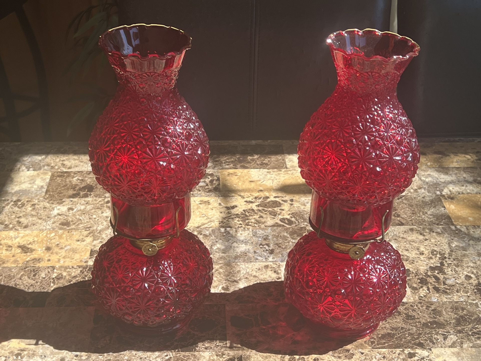 Pair Of Vintage Ruby Red Glass Oil Lamps. 12 Inches High By 5 Inches Wide.