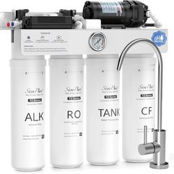 SimPure T2-600A Alkaline Reverse Osmosis Water Filter System, NSF/ANSI 58 Certified, Built-in Pressure Tank Filter, UV, 600 GPD 8 Stage RO Filtration 