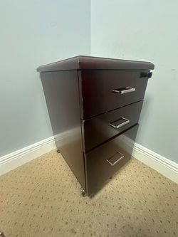 Locking 3-Drawer Rolling File Cabinet w/ Key - Dark Wood Office Storage