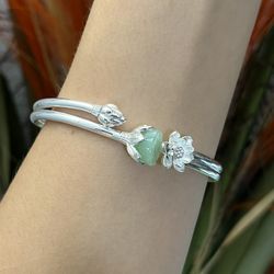 S925 silver lotus flower and flower bud green jade lotus pods cuff bangle bracelet,Silver hearts bracelet,Silver irregular cuff bracelet,Everyday brac