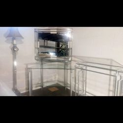 Rolling Serving Tray, Glass Stand, Mirror And Lamp