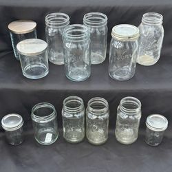 lot of 13 Mason Ball Kerr Atlas jars + lidded glass containers