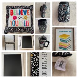 LOT Composition Book Emoji themed Teacher Classroom items:  dry erase boards, NWT pillow, chalkboard, pencil can, water bottle, artwork