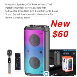 New Bluetooth Speaker, 80W Peak Wireless TWS Portable Outdoor Party Speaker with Subwoofer, Deep Bass, LED Colorful Lights, Loud Stereo Sound Boombox 