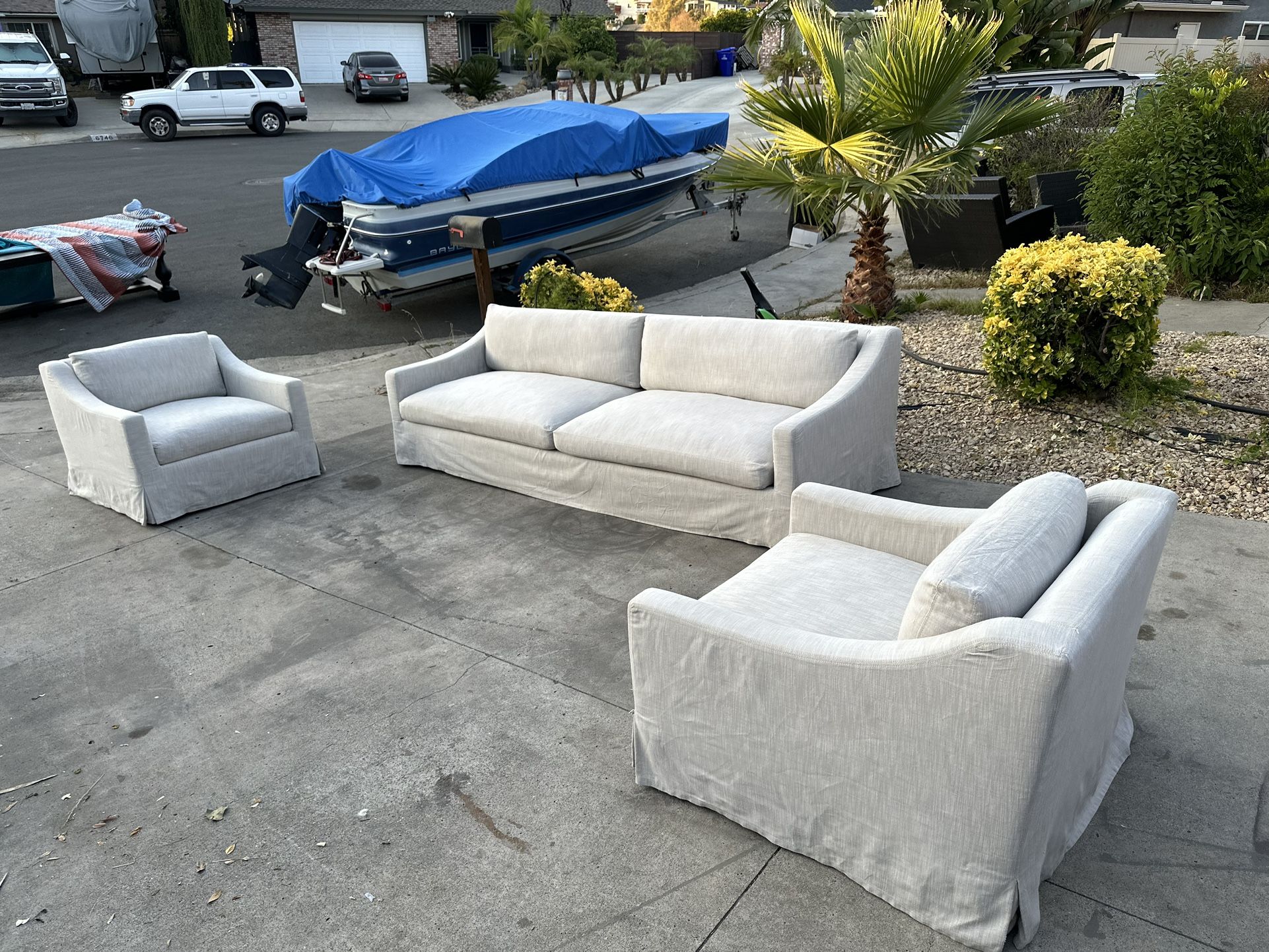 Restoration Hardware Belgian Slope Arm Slipcovered Sofa & Swivel Chairs