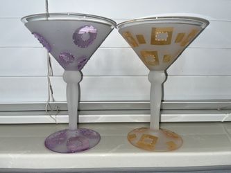 Pair of Frosted Martini Glasses (Orange & Purple w/Geometric Shapes) - NEW