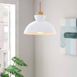 Modern Scandinavian White Dome Pendant Light with Wood Accent – Adjustable Hanging Ceiling Lamp for Kitchen, Dining, or Bedroom