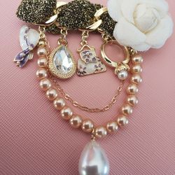 Camellia Flower Brooch With Tassels. White Gold And Black 