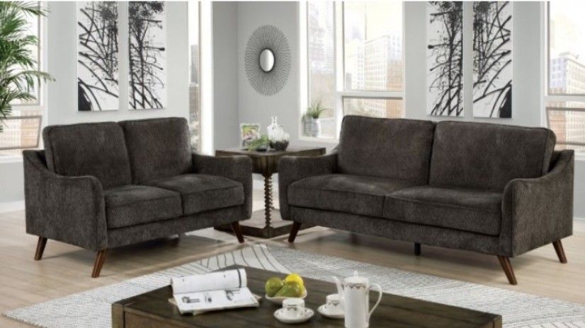 Brand New Dark Grey Chenille Mid Century Modern Style Sofa & Loveseat