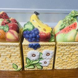 3 Part Kitchen Canister  Fruit Jar Set In a Decorated Basket