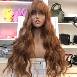 Human hair blend brown wig with bang