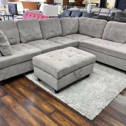 COSTCO Grey Chenille Sectional Couch And Ottoman