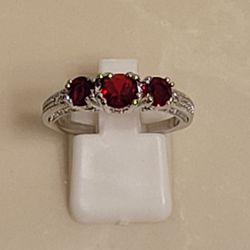 Silver CZ and Ruby Ring Size 8