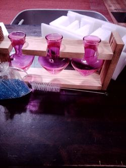 Purple Glass Bud Vase Set with Wood Holder (plant terrarium)