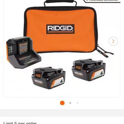 RIDGID 18V Lithium-Ion (2) 4.0 Ah Battery Starter Kit with Charger and Bag