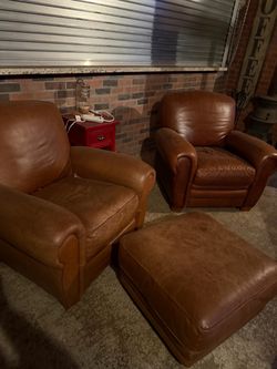 Brown Leather Club Chairs with Ottoman
