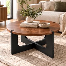 Modern Round Coffee Table – Walnut Brown Top & Black Base