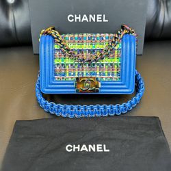 Chanel Old Small Boy Flap Bag Blue Rainbow Woven PVC with Lambskin Multicolor Gradient