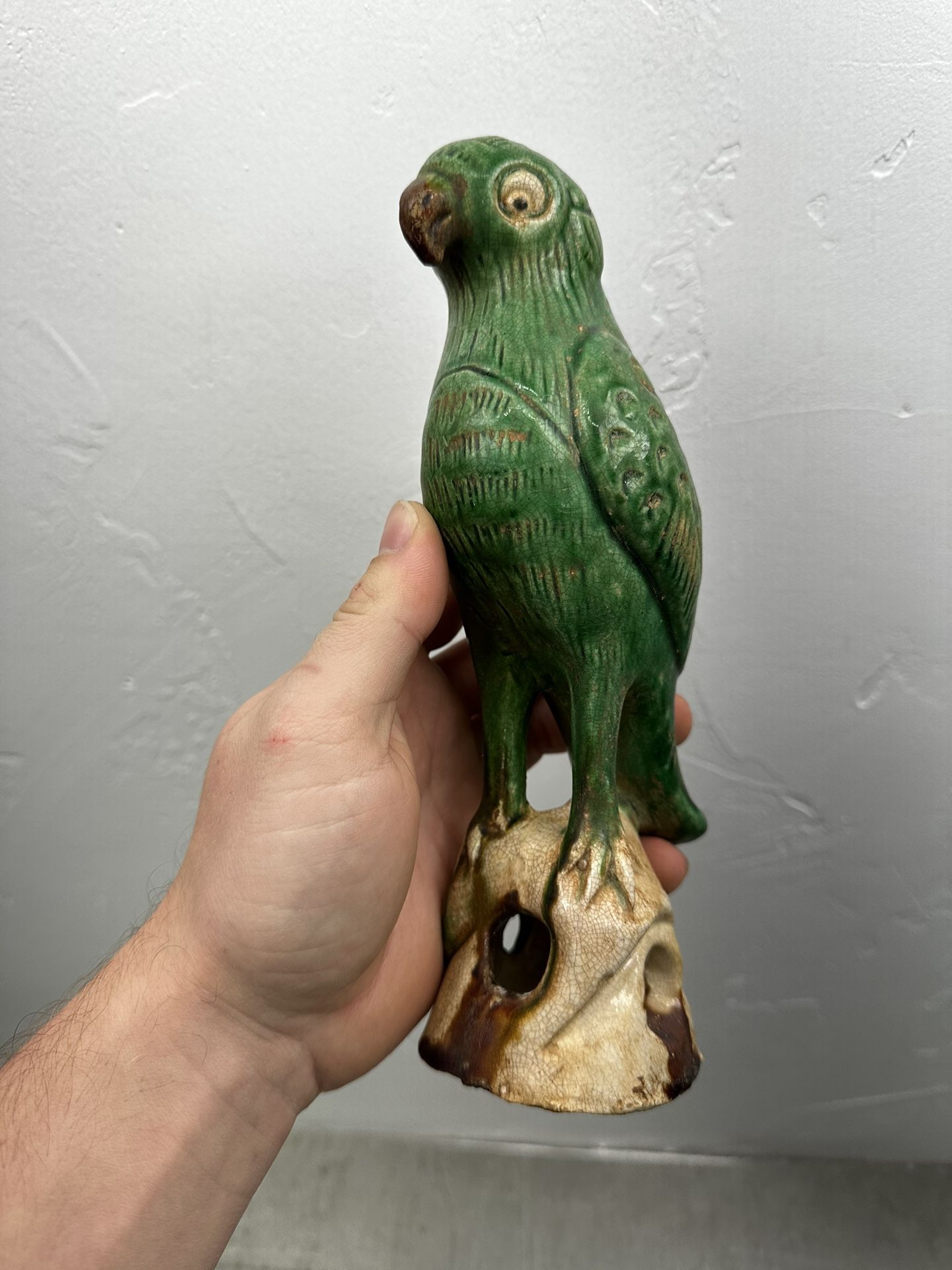 Antique Chinese Green Glazed Parrot Qing Dynasty Style Porcelain Statue