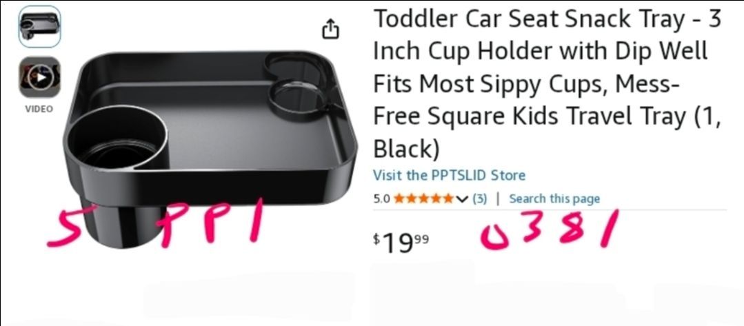 Toddler Car Seat Snack Tray - 3 Inch Cup Holder with Dip Well Fits Most Sippy Cups, Mess-Free Square Kids Travel Tray (1, Black) Brand New