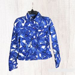 Rafaella Blue White Black Floral Jean Jacket Wm S