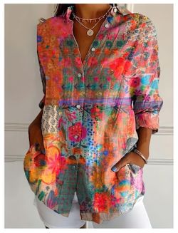 Button Down Shirts for Women Dressy Floral Printed Long Sleeve Blouse Business Casual Work Tops/xl