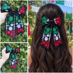 Mexican Independence Day Black Tricolor Floral Hair Bow - Moño Tricolor Floral Mexicano