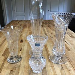 4 Glass Vases; Tipperary Crystal, Tall Plain, Cut Crystal, & Floral -