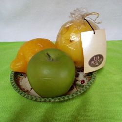 Retro Bowl Of Fruit Candles w/ Vintage Tin Dish