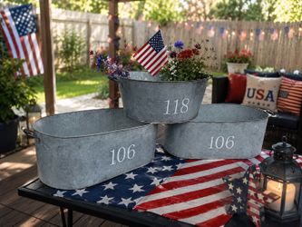 Three Galvanized Metal Decorative Buckets! Great for plants or for Beverages!     Smaller 22.5x20x10in Two Larger 29x17x11in