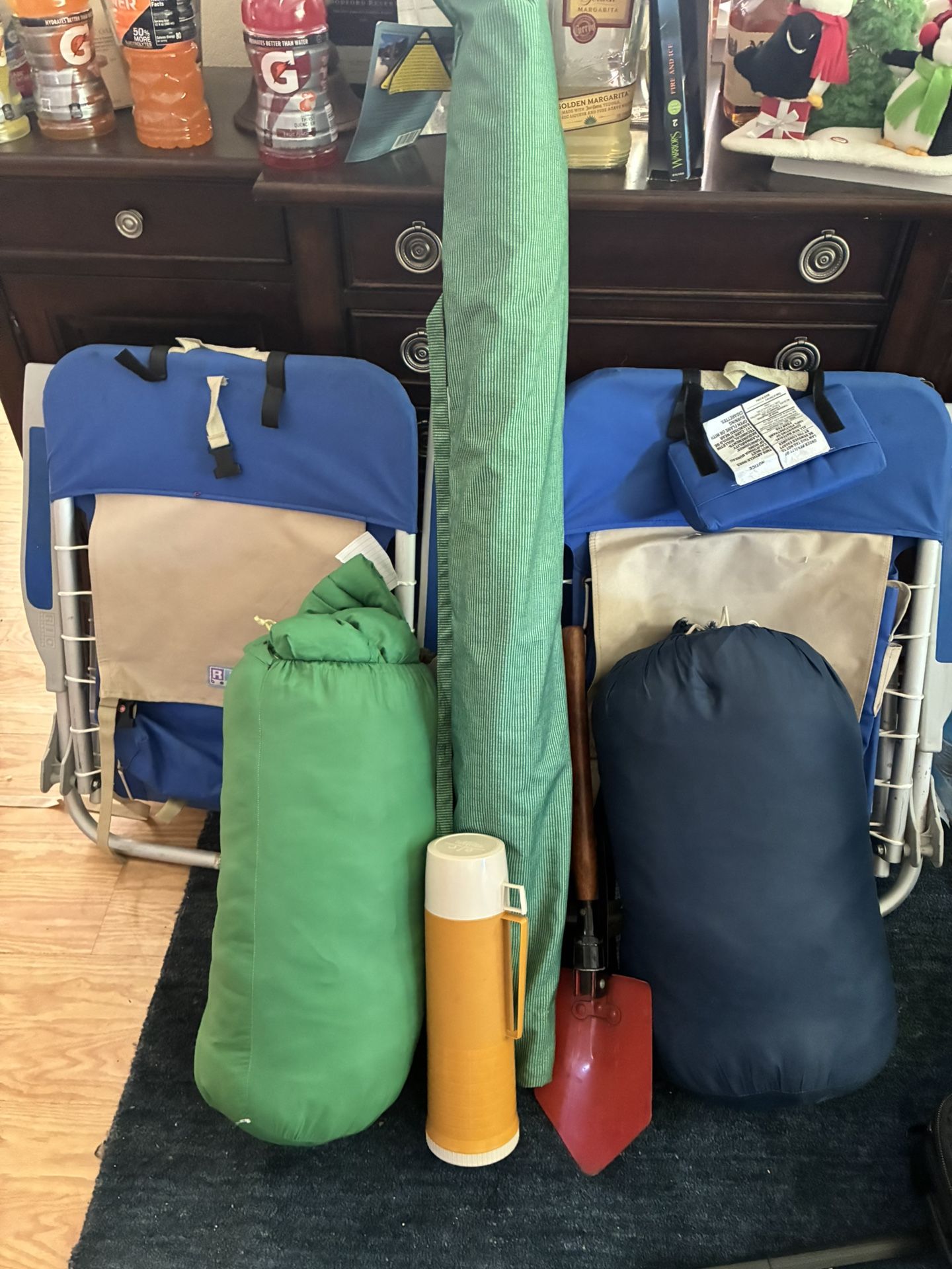 Camping Lot Chairs Sleeping Bags Umbrella Shovel Lamps Cookware And More