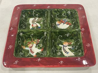 Square ceramic Tumbling Snowman four-section divided serving platter by Certified International. 15.5” x 15.5”