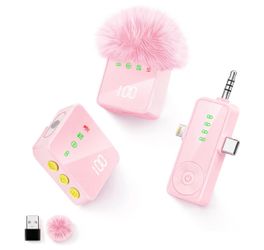 3 in 1 Wireless Lavalier Microphone for iPhone Android Camera-Pink Mini Mic with Digital Display & Noise Reduction, 20H Battery Life, Mics for Video R