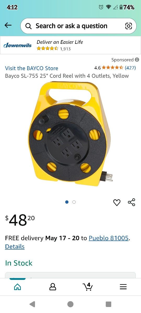 Bayco 25ft Extension Cord With 4 Outlets