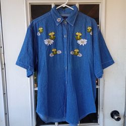 Vintage Let's Quizz Again NY Blue Denim Shirt with Frog and Daisy Embroidery L