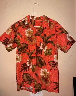 Palmwave Men's Hawaiian Shirt M Coral Orange Tribal Hibiscus Aloha Flower SS