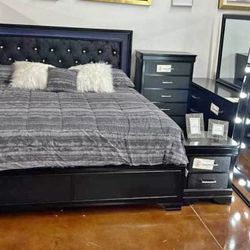 Brand New ❗Amalia Black Upholstered Panel Bedroom Set 4 PIECE 