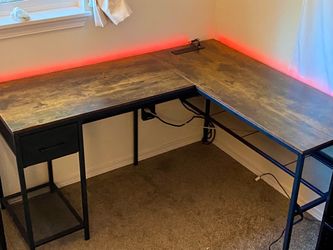 L-Shaped Desk with LED Lights & Power Outlets – Rustic Wood / Black Metal