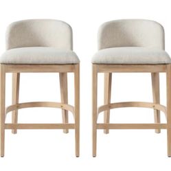 Modern 33 in. H Natural Finish and Beige Polyester Upholstered Solid Wood Frame Counter Stools, Set