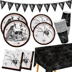 Spider Webs Halloween Party Supplies - Featuring Skull & Spider Themes, All-Inclusive Wicked Web Paper Plates, Napkins, Cups, Tablecloth, And Banner. 