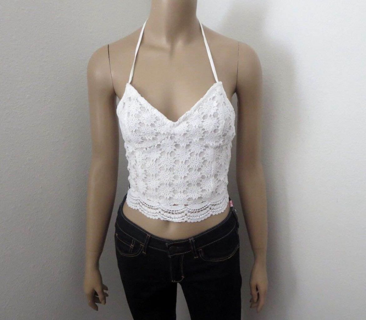 Hollister Womens White Lace Halter Crop Top