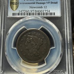 1852 Large Cent 1C – PCGS Genuine – P65S Environmental Damage – VF Details – Newcomb 12