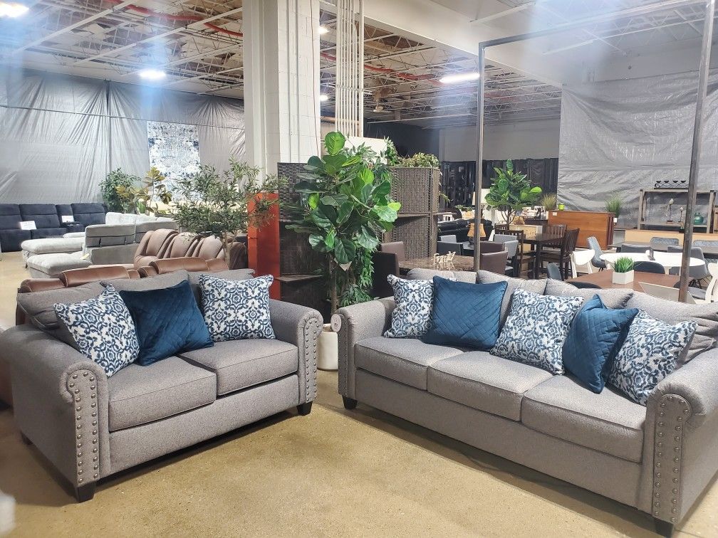 Beautiful 2 pc  Gray sofa love seat with nailheads (New)Also in a gray fabric too